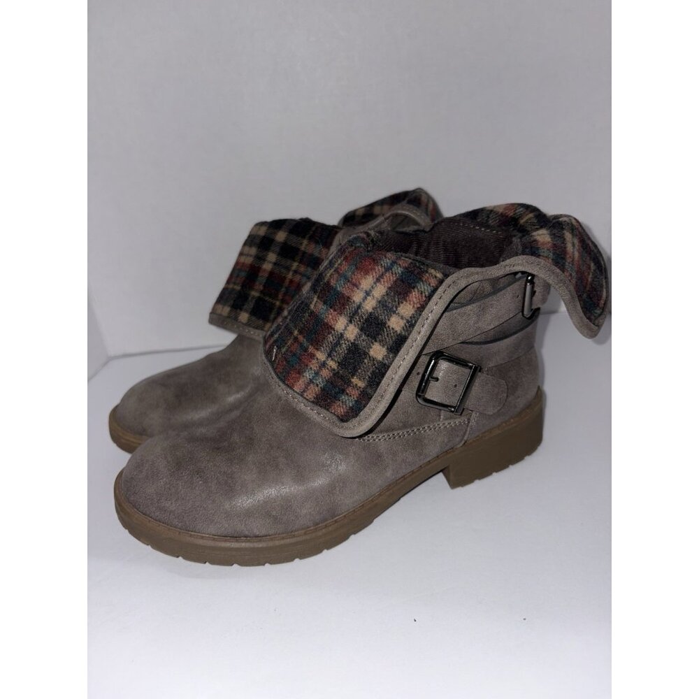 Mudd Fold Over Flannel Cuff Ankle Boots Girl 5 Slip On Strap Buckle